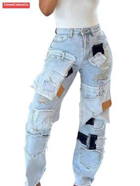 High Waisted Distressed Wide Leg Jeans Frayed Raw Hem Patchwork Denim Pants